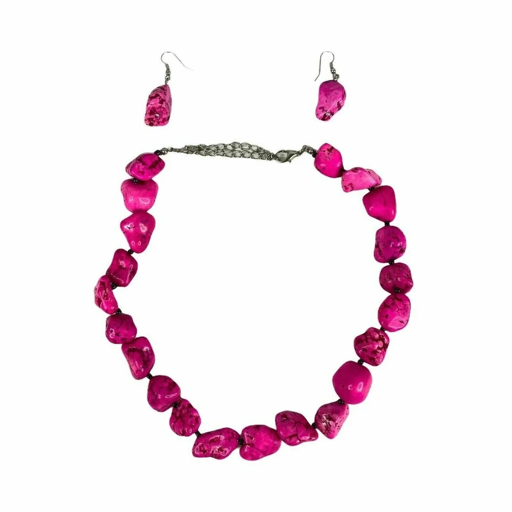Silver Tone Pink Faux Stone‎ Necklace Earrings Set